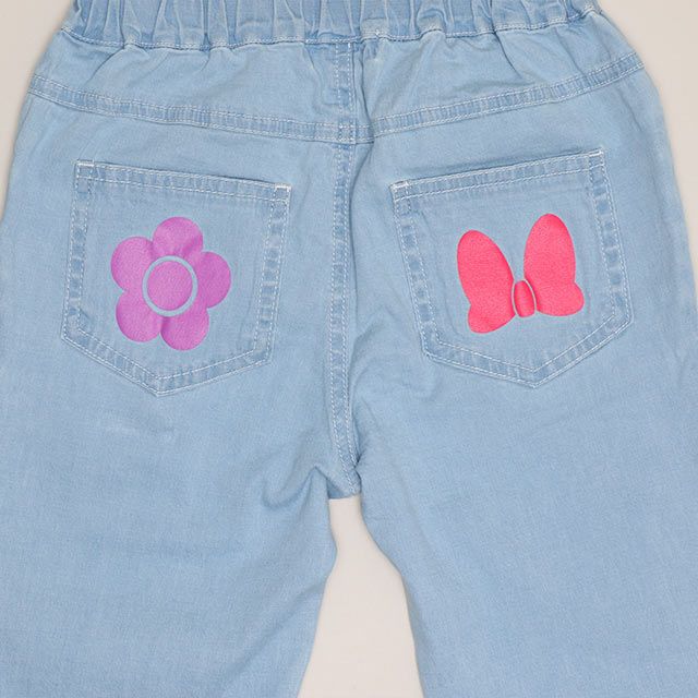 【ベビードール】ミニー デイジー レース付フレアデニムロングパンツ 1256K / ベビーサイズ キッズ ボトムス 長ズボン ジーパン デニム 楽ちん リボン フェミニン ストレッチデニム ウエスト総ゴム フェイクボタン レーススカート付き 脚長効果 フレアシルエット スリット入り