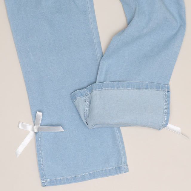 【ベビードール】ミニー デイジー レース付フレアデニムロングパンツ 1256K / ベビーサイズ キッズ ボトムス 長ズボン ジーパン デニム 楽ちん リボン フェミニン ストレッチデニム ウエスト総ゴム フェイクボタン レーススカート付き 脚長効果 フレアシルエット スリット入り