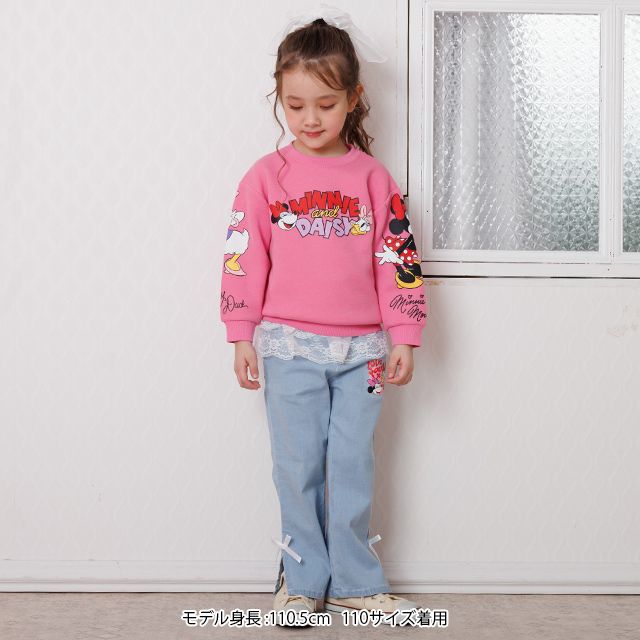 【ベビードール】ミニー デイジー レース付フレアデニムロングパンツ 1256K / ベビーサイズ キッズ ボトムス 長ズボン ジーパン デニム 楽ちん リボン フェミニン ストレッチデニム ウエスト総ゴム フェイクボタン レーススカート付き 脚長効果 フレアシルエット スリット入り