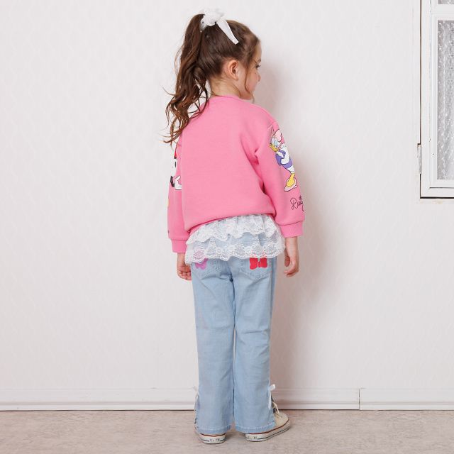 【ベビードール】ミニー デイジー レース付フレアデニムロングパンツ 1256K / ベビーサイズ キッズ ボトムス 長ズボン ジーパン デニム 楽ちん リボン フェミニン ストレッチデニム ウエスト総ゴム フェイクボタン レーススカート付き 脚長効果 フレアシルエット スリット入り