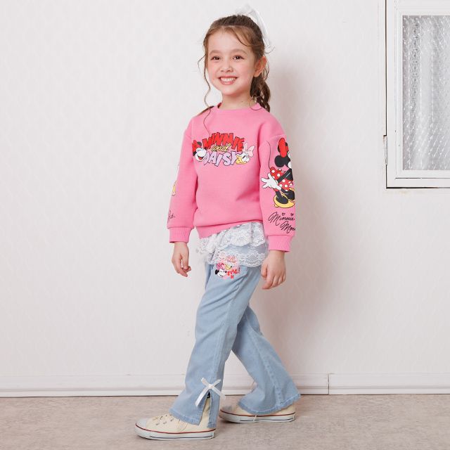 【ベビードール】ミニー デイジー レース付フレアデニムロングパンツ 1256K / ベビーサイズ キッズ ボトムス 長ズボン ジーパン デニム 楽ちん リボン フェミニン ストレッチデニム ウエスト総ゴム フェイクボタン レーススカート付き 脚長効果 フレアシルエット スリット入り