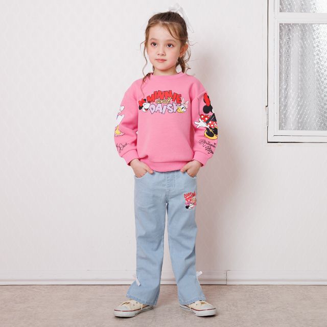 【ベビードール】ミニー デイジー レース付フレアデニムロングパンツ 1256K / ベビーサイズ キッズ ボトムス 長ズボン ジーパン デニム 楽ちん リボン フェミニン ストレッチデニム ウエスト総ゴム フェイクボタン レーススカート付き 脚長効果 フレアシルエット スリット入り