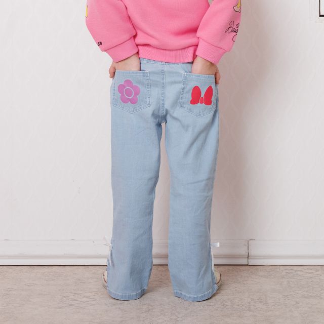 【ベビードール】ミニー デイジー レース付フレアデニムロングパンツ 1256K / ベビーサイズ キッズ ボトムス 長ズボン ジーパン デニム 楽ちん リボン フェミニン ストレッチデニム ウエスト総ゴム フェイクボタン レーススカート付き 脚長効果 フレアシルエット スリット入り