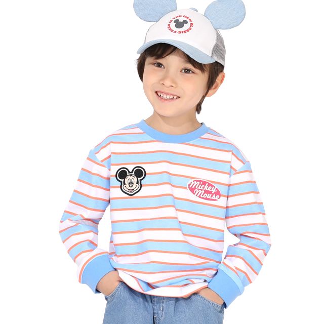 【ベビードール】ミッキー 親子お揃い ワッペン付ボーダー柄ロンT 1257K / ベビーサイズ キッズ トップス 長袖 Tシャツ クルーネック カットソー 天竺素材 リンクコーデ ペアルック 親子コーデ