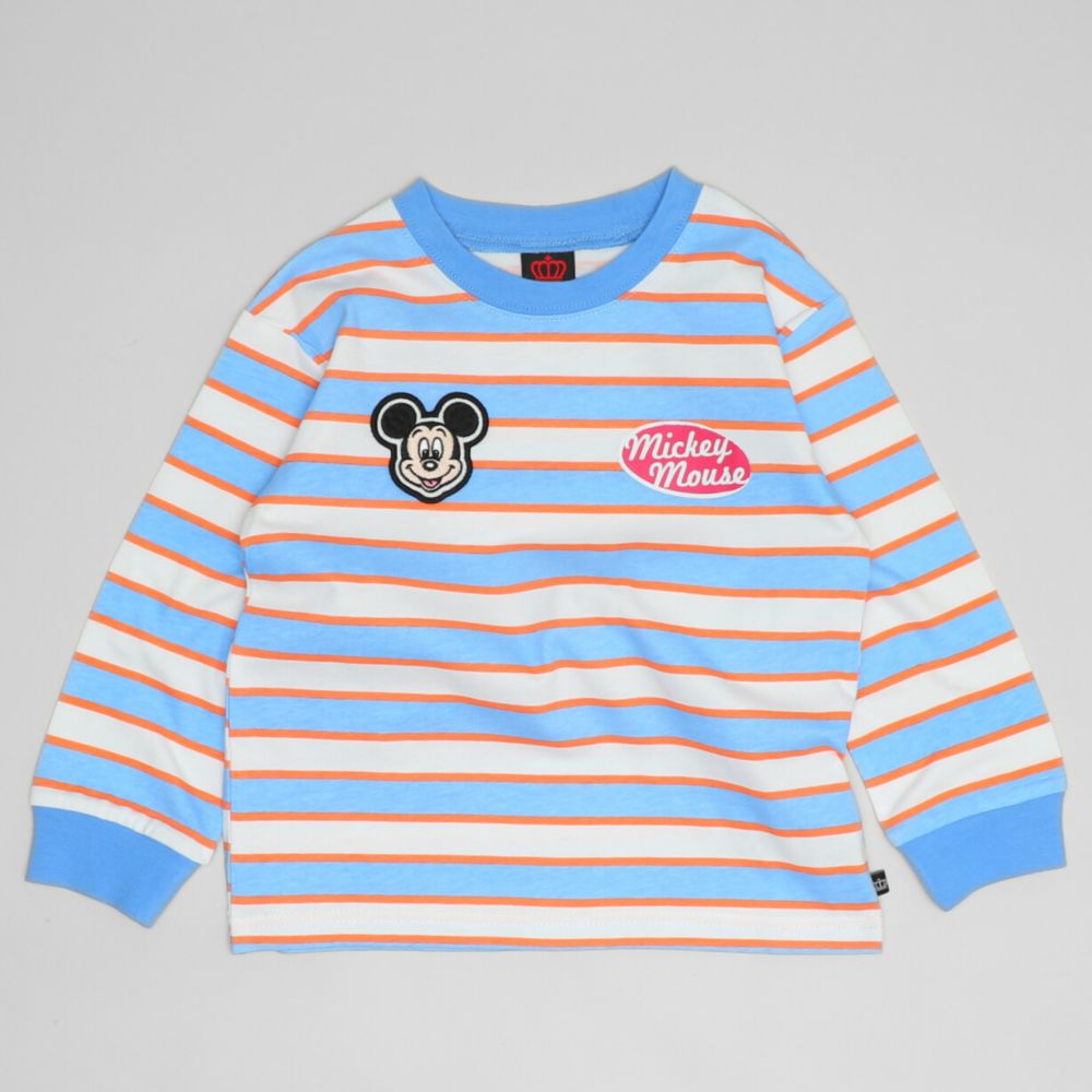 【ベビードール】ミッキー 親子お揃い ワッペン付ボーダー柄ロンT 1257K / ベビーサイズ キッズ トップス 長袖 Tシャツ クルーネック カットソー 天竺素材 リンクコーデ ペアルック 親子コーデ