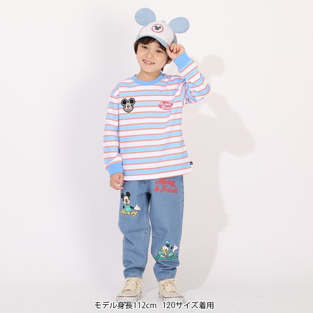 【ベビードール】ミッキー 親子お揃い ワッペン付ボーダー柄ロンT 1257K / ベビーサイズ キッズ トップス 長袖 Tシャツ クルーネック カットソー 天竺素材 リンクコーデ ペアルック 親子コーデ