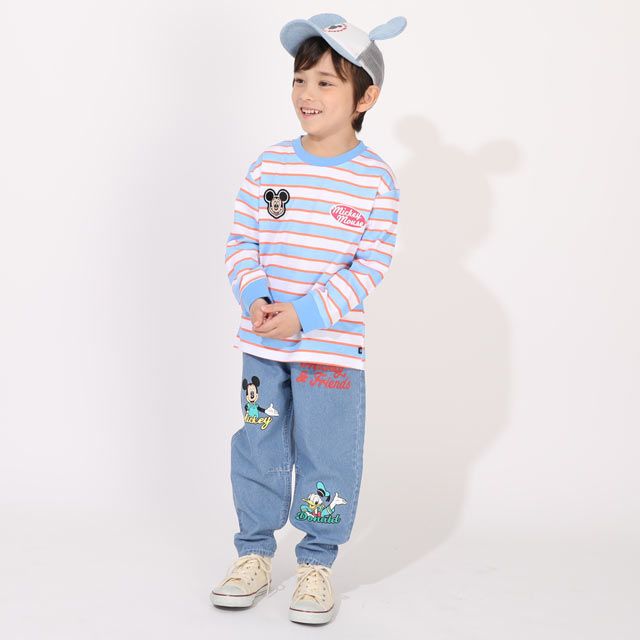 【ベビードール】ミッキー 親子お揃い ワッペン付ボーダー柄ロンT 1257K / ベビーサイズ キッズ トップス 長袖 Tシャツ クルーネック カットソー 天竺素材 リンクコーデ ペアルック 親子コーデ
