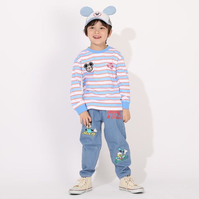 【ベビードール】ミッキー 親子お揃い ワッペン付ボーダー柄ロンT 1257K / ベビーサイズ キッズ トップス 長袖 Tシャツ クルーネック カットソー 天竺素材 リンクコーデ ペアルック 親子コーデ