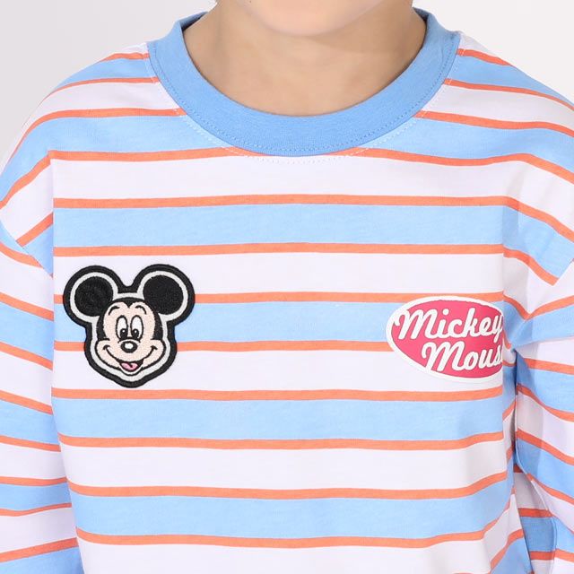 【ベビードール】ミッキー 親子お揃い ワッペン付ボーダー柄ロンT 1257K / ベビーサイズ キッズ トップス 長袖 Tシャツ クルーネック カットソー 天竺素材 リンクコーデ ペアルック 親子コーデ