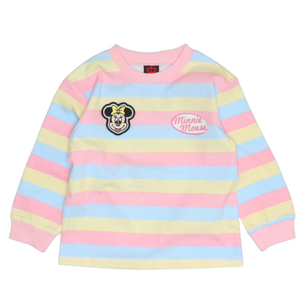 【ベビードール】ミニー 親子お揃い ワッペン付ボーダー柄ロンT 1257K / ベビーサイズ キッズ トップス 長袖 Tシャツ クルーネック カットソー 天竺素材 リンクコーデ ペアルック 親子コーデ