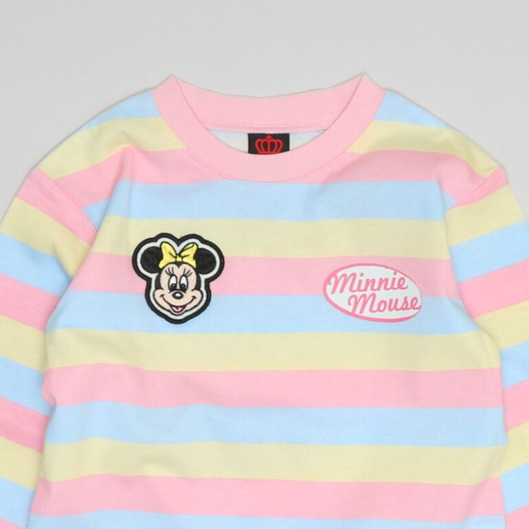 【ベビードール】ミニー 親子お揃い ワッペン付ボーダー柄ロンT 1257K / ベビーサイズ キッズ トップス 長袖 Tシャツ クルーネック カットソー 天竺素材 リンクコーデ ペアルック 親子コーデ