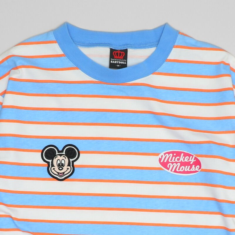 【ベビードール】ミッキー 親子お揃い ワッペン付ボーダー柄ロンT 1257A / 大人 ユニセックス 男女兼用 リンクコーデ ペアルック 親子コーデ トップス 長袖 クルーネック カットソー 天竺素材