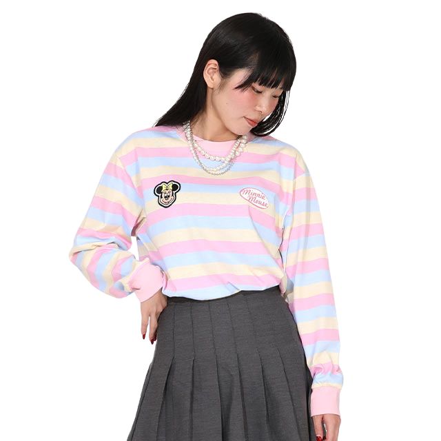 【ベビードール】ミニー 親子お揃い ワッペン付ボーダー柄ロンT 1257A / 大人 ユニセックス 男女兼用 リンクコーデ ペアルック 親子コーデ トップス 長袖 クルーネック カットソー 天竺素材