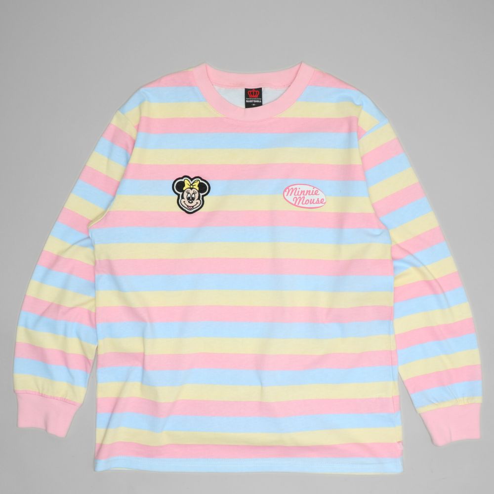 【ベビードール】ミニー 親子お揃い ワッペン付ボーダー柄ロンT 1257A / 大人 ユニセックス 男女兼用 リンクコーデ ペアルック 親子コーデ トップス 長袖 クルーネック カットソー 天竺素材
