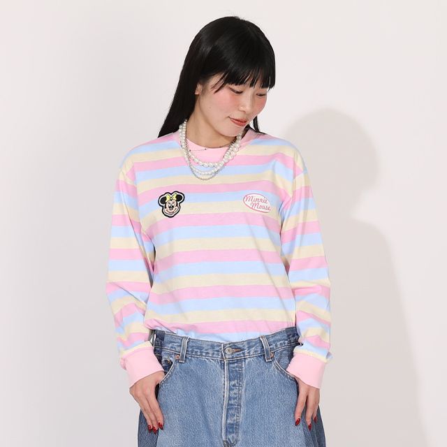 【ベビードール】ミニー 親子お揃い ワッペン付ボーダー柄ロンT 1257A / 大人 ユニセックス 男女兼用 リンクコーデ ペアルック 親子コーデ トップス 長袖 クルーネック カットソー 天竺素材