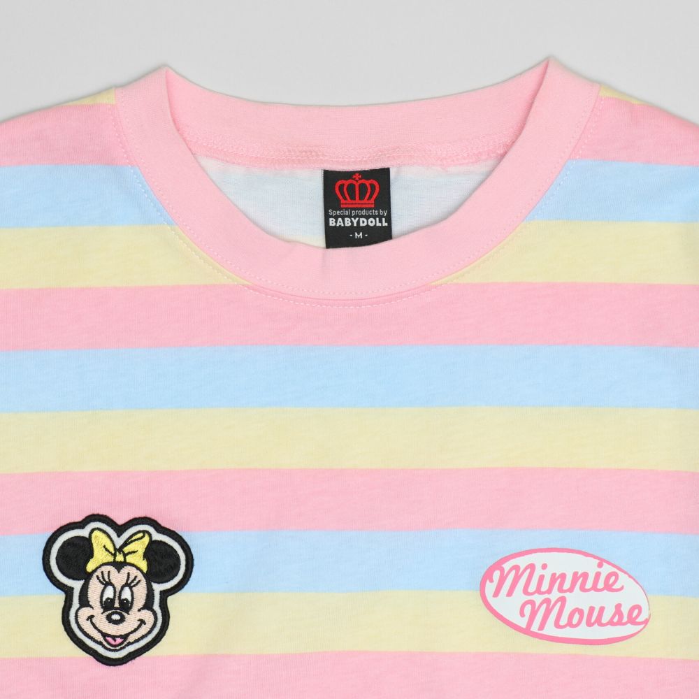 【ベビードール】ミニー 親子お揃い ワッペン付ボーダー柄ロンT 1257A / 大人 ユニセックス 男女兼用 リンクコーデ ペアルック 親子コーデ トップス 長袖 クルーネック カットソー 天竺素材