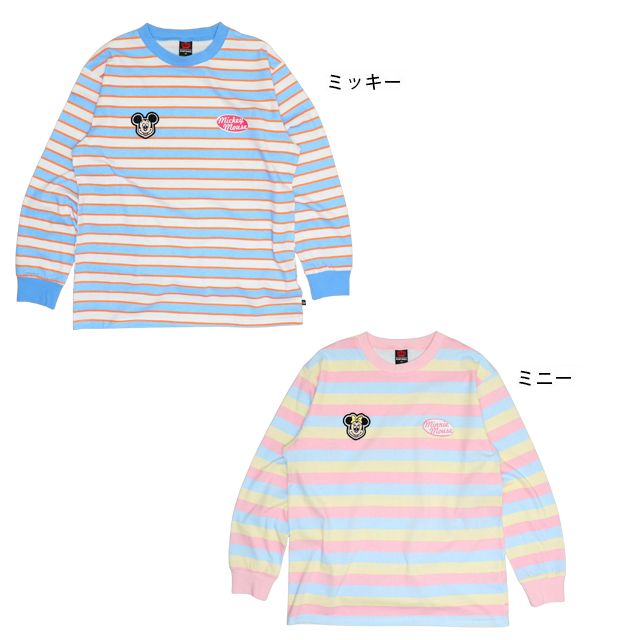 【ベビードール】ミニー 親子お揃い ワッペン付ボーダー柄ロンT 1257A / 大人 ユニセックス 男女兼用 リンクコーデ ペアルック 親子コーデ トップス 長袖 クルーネック カットソー 天竺素材