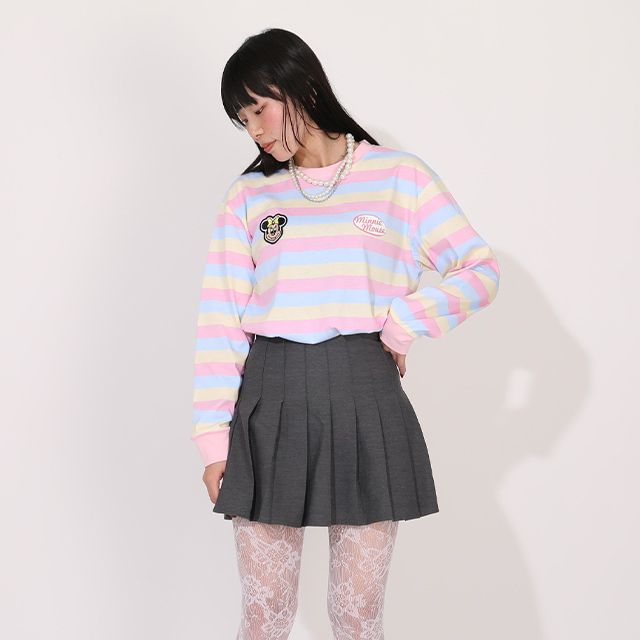 【ベビードール】ミニー 親子お揃い ワッペン付ボーダー柄ロンT 1257A / 大人 ユニセックス 男女兼用 リンクコーデ ペアルック 親子コーデ トップス 長袖 クルーネック カットソー 天竺素材