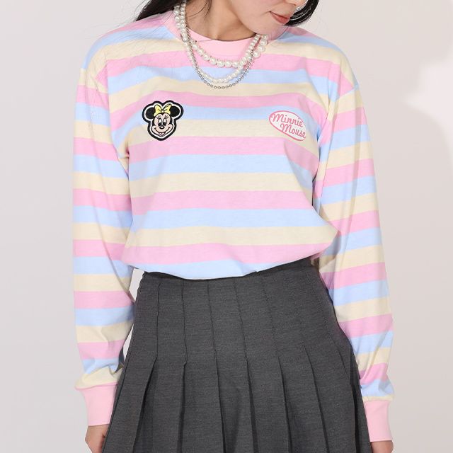 【ベビードール】ミニー 親子お揃い ワッペン付ボーダー柄ロンT 1257A / 大人 ユニセックス 男女兼用 リンクコーデ ペアルック 親子コーデ トップス 長袖 クルーネック カットソー 天竺素材