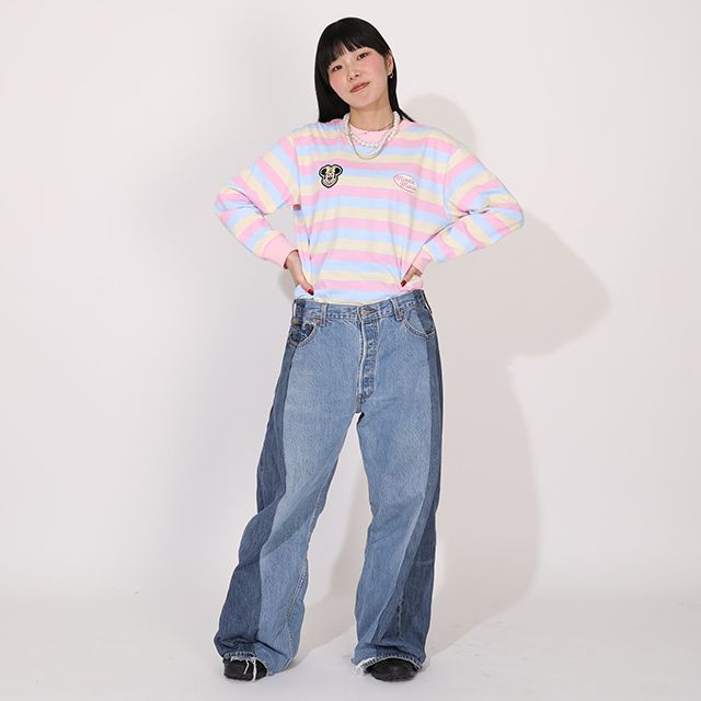 【ベビードール】ミニー 親子お揃い ワッペン付ボーダー柄ロンT 1257A / 大人 ユニセックス 男女兼用 リンクコーデ ペアルック 親子コーデ トップス 長袖 クルーネック カットソー 天竺素材