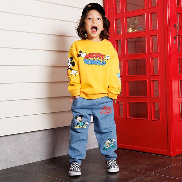 【ベビードール】ミッキー ドナルド 親子お揃い 袖キャラクタートレーナー 1258K / ベビーサイズ キッズ トップス 長袖 プルオーバー スウェット