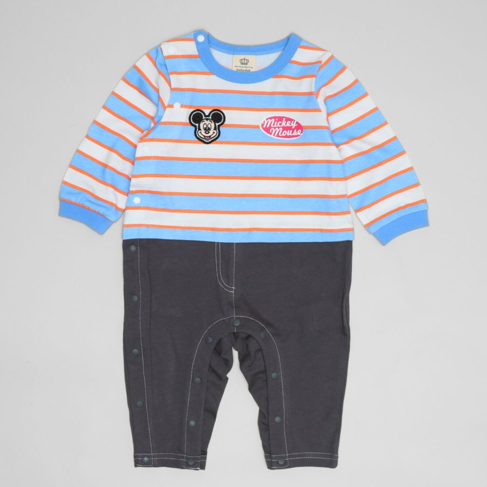 【ベビードール】ミッキー ワッペン付ボーダー柄ロンパース 1259B / ベビーサイズ 赤ちゃん 出産祝い 贈り物 プレゼント ベビー服 つなぎ ドッキングロンパース 楽ちん 天竺素材 リンクコーデ ペアルック 親子コーデ