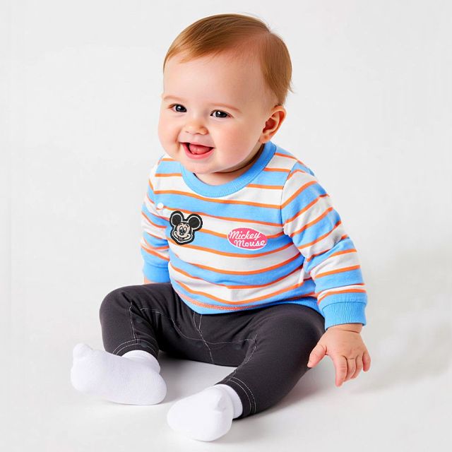 【ベビードール】ミッキー ワッペン付ボーダー柄ロンパース 1259B / ベビーサイズ 赤ちゃん 出産祝い 贈り物 プレゼント ベビー服 つなぎ ドッキングロンパース 楽ちん 天竺素材 リンクコーデ ペアルック 親子コーデ