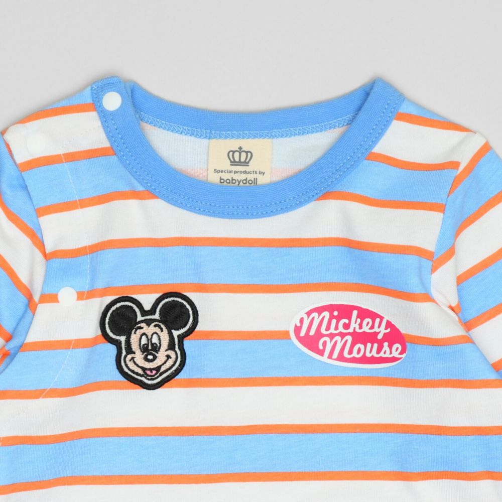 【ベビードール】ミッキー ワッペン付ボーダー柄ロンパース 1259B / ベビーサイズ 赤ちゃん 出産祝い 贈り物 プレゼント ベビー服 つなぎ ドッキングロンパース 楽ちん 天竺素材 リンクコーデ ペアルック 親子コーデ