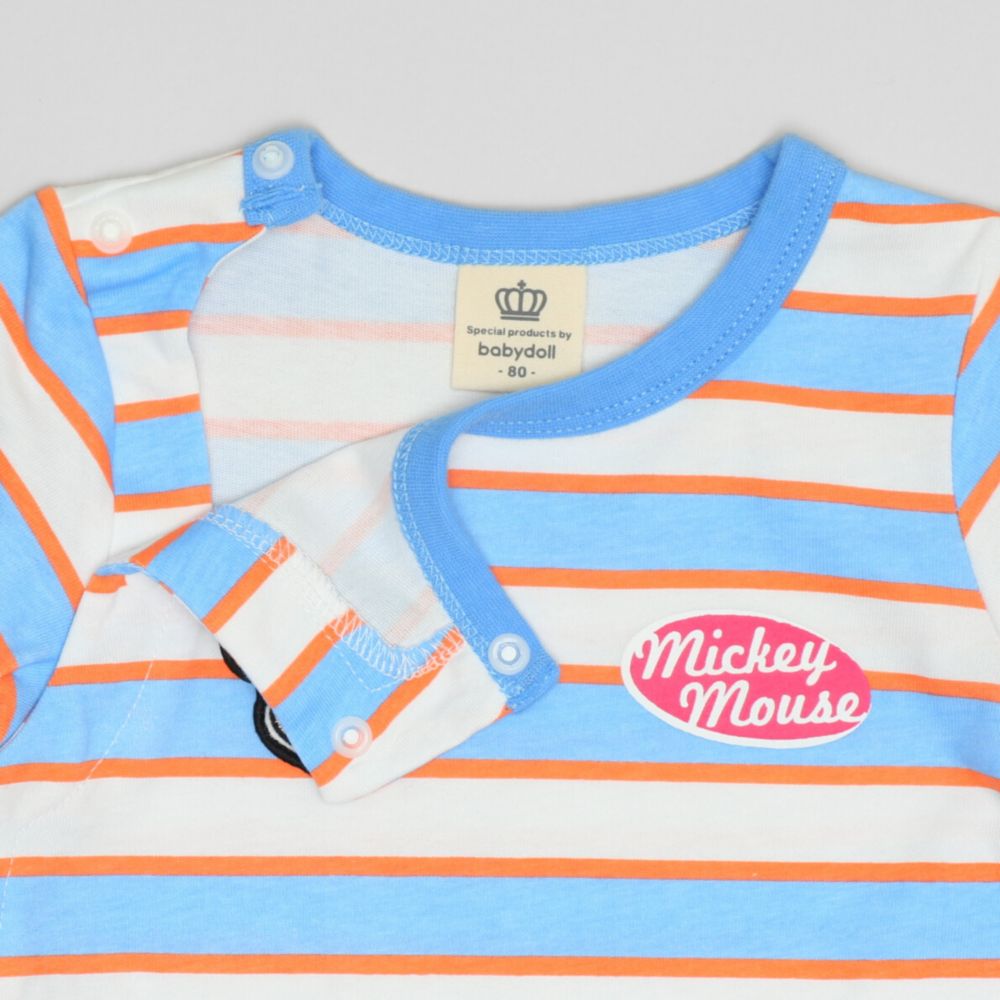 【ベビードール】ミッキー ワッペン付ボーダー柄ロンパース 1259B / ベビーサイズ 赤ちゃん 出産祝い 贈り物 プレゼント ベビー服 つなぎ ドッキングロンパース 楽ちん 天竺素材 リンクコーデ ペアルック 親子コーデ
