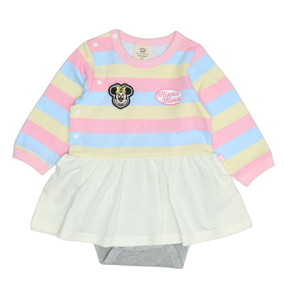 【ベビードール】ミニー ワッペン付ボーダー柄ロンパース 1259B / ベビーサイズ 赤ちゃん 出産祝い 贈り物 プレゼント ベビー服 つなぎ ドッキングロンパース 楽ちん 天竺素材 リンクコーデ ペアルック 親子コーデ