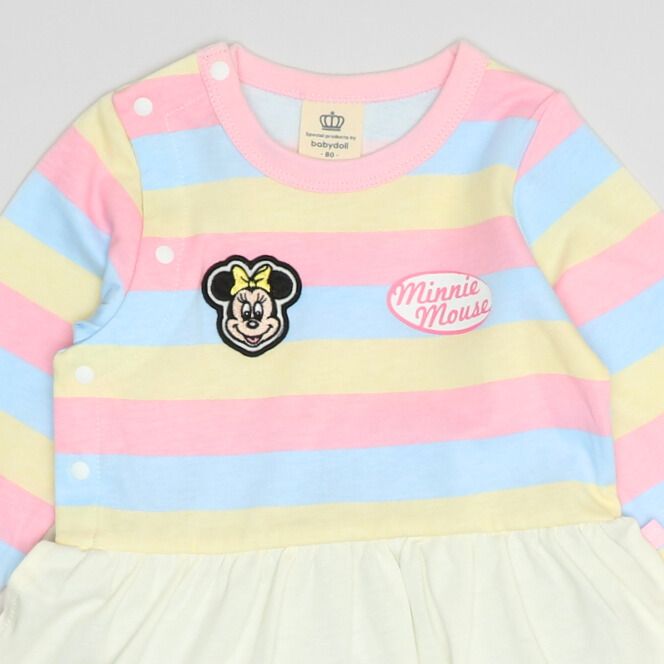 【ベビードール】ミニー ワッペン付ボーダー柄ロンパース 1259B / ベビーサイズ 赤ちゃん 出産祝い 贈り物 プレゼント ベビー服 つなぎ ドッキングロンパース 楽ちん 天竺素材 リンクコーデ ペアルック 親子コーデ