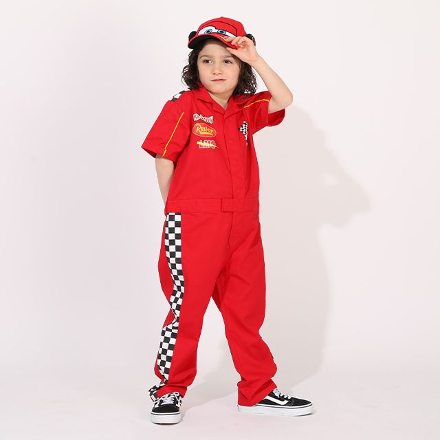 【ベビードール】カーズ つなぎ 1261K / ベビーサイズ キッズ トップス 半袖 つなぎ 作業着 オールインワン サーキット ピットクルー スナップボタン ベルトループ ウエスト半ゴム