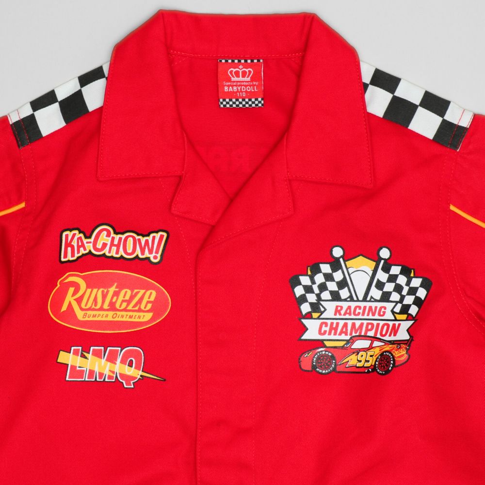 【ベビードール】カーズ つなぎ 1261K / ベビーサイズ キッズ トップス 半袖 つなぎ 作業着 オールインワン サーキット ピットクルー スナップボタン ベルトループ ウエスト半ゴム