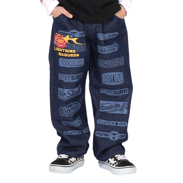 【ベビードール】カーズ デニムロングパンツ 1262K / ベビーサイズ キッズ ボトムス 長ズボン デニムパンツ ジーンズ ジーパン ストレート 楽ちん ウエスト総ゴム ゴム穴付 ベルトループ フェイクボタン スポンサーロゴ