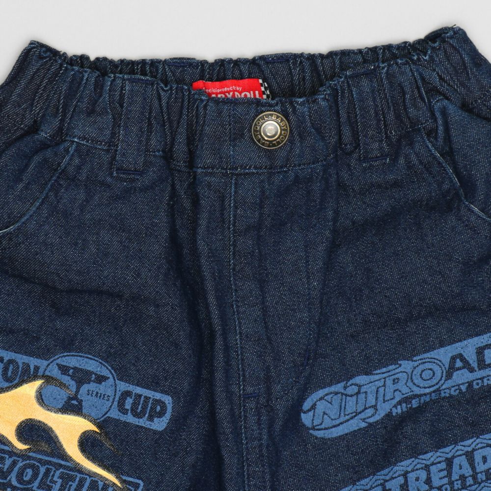 【ベビードール】カーズ デニムロングパンツ 1262K / ベビーサイズ キッズ ボトムス 長ズボン デニムパンツ ジーンズ ジーパン ストレート 楽ちん ウエスト総ゴム ゴム穴付 ベルトループ フェイクボタン スポンサーロゴ