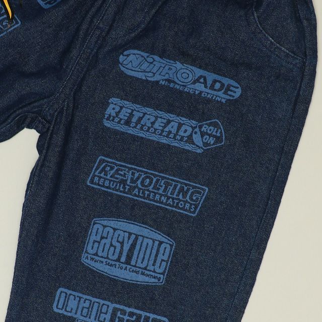 【ベビードール】カーズ デニムロングパンツ 1262K / ベビーサイズ キッズ ボトムス 長ズボン デニムパンツ ジーンズ ジーパン ストレート 楽ちん ウエスト総ゴム ゴム穴付 ベルトループ フェイクボタン スポンサーロゴ