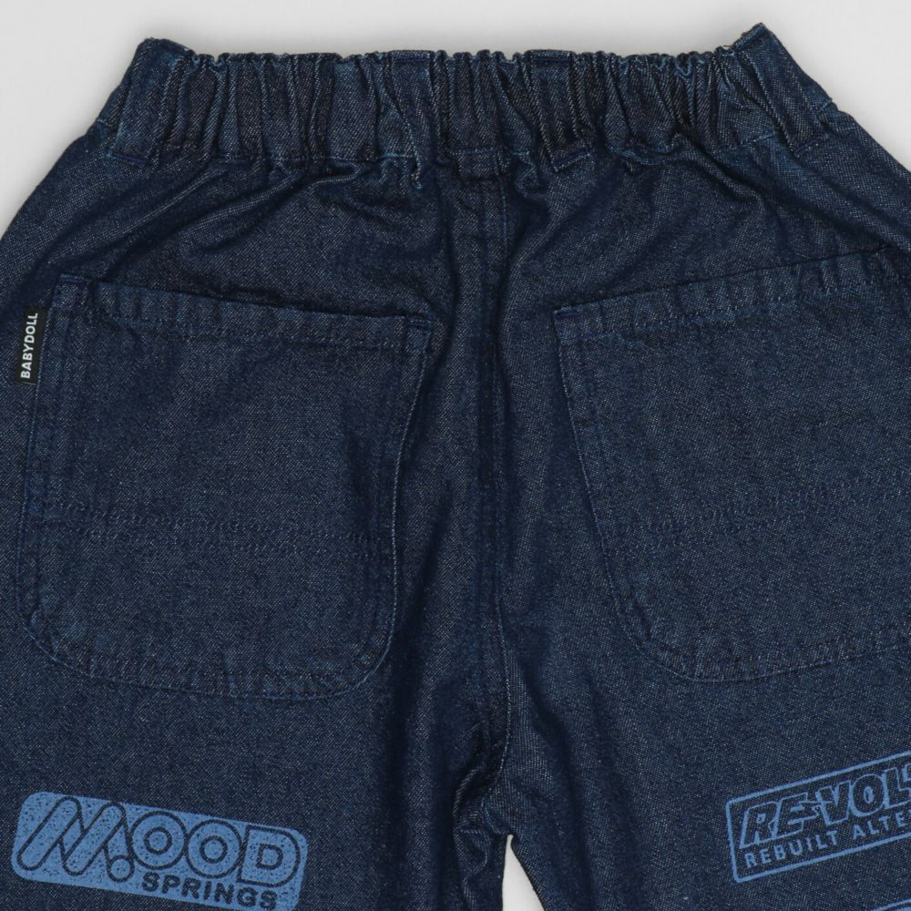 【ベビードール】カーズ デニムロングパンツ 1262K / ベビーサイズ キッズ ボトムス 長ズボン デニムパンツ ジーンズ ジーパン ストレート 楽ちん ウエスト総ゴム ゴム穴付 ベルトループ フェイクボタン スポンサーロゴ