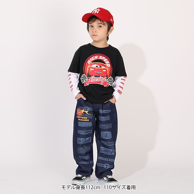 【ベビードール】カーズ デニムロングパンツ 1262K / ベビーサイズ キッズ ボトムス 長ズボン デニムパンツ ジーンズ ジーパン ストレート 楽ちん ウエスト総ゴム ゴム穴付 ベルトループ フェイクボタン スポンサーロゴ