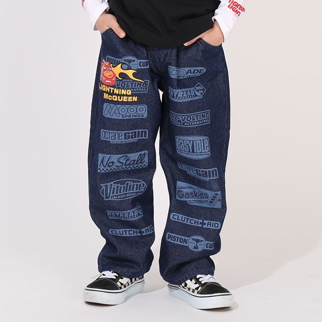 【ベビードール】カーズ デニムロングパンツ 1262K / ベビーサイズ キッズ ボトムス 長ズボン デニムパンツ ジーンズ ジーパン ストレート 楽ちん ウエスト総ゴム ゴム穴付 ベルトループ フェイクボタン スポンサーロゴ