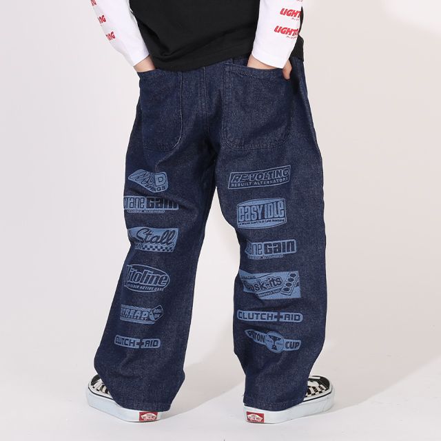 【ベビードール】カーズ デニムロングパンツ 1262K / ベビーサイズ キッズ ボトムス 長ズボン デニムパンツ ジーンズ ジーパン ストレート 楽ちん ウエスト総ゴム ゴム穴付 ベルトループ フェイクボタン スポンサーロゴ