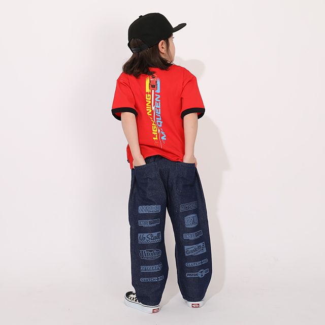 【ベビードール】カーズ デニムロングパンツ 1262K / ベビーサイズ キッズ ボトムス 長ズボン デニムパンツ ジーンズ ジーパン ストレート 楽ちん ウエスト総ゴム ゴム穴付 ベルトループ フェイクボタン スポンサーロゴ