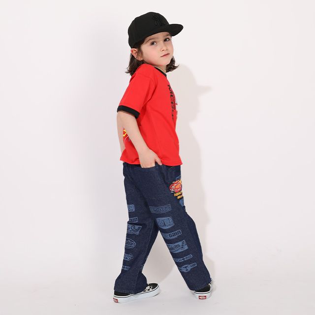 【ベビードール】カーズ デニムロングパンツ 1262K / ベビーサイズ キッズ ボトムス 長ズボン デニムパンツ ジーンズ ジーパン ストレート 楽ちん ウエスト総ゴム ゴム穴付 ベルトループ フェイクボタン スポンサーロゴ