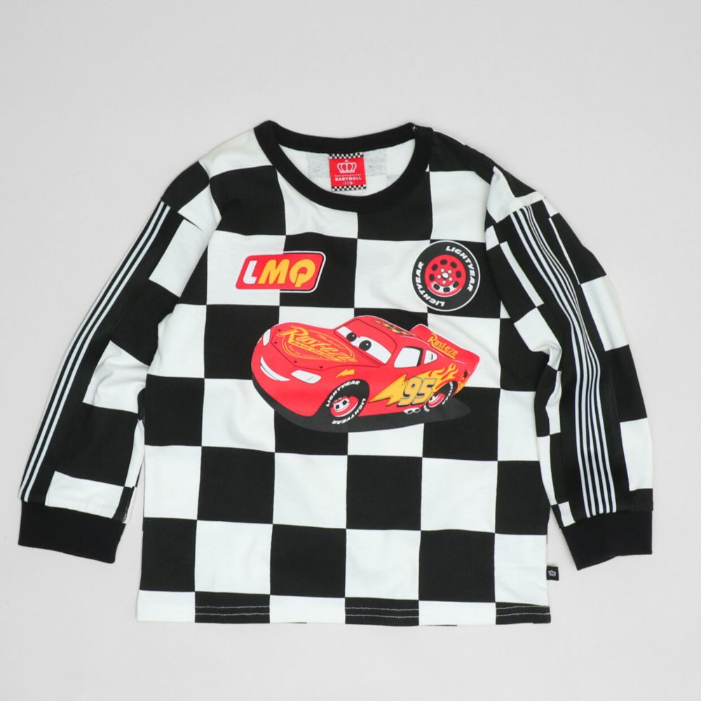 【ベビードール】カーズ ボックス柄ロンT 1265K / ベビーサイズ キッズ トップス 長袖 Tシャツ クルーネック カットソー 総柄 チェッカー柄 天竺素材 サーキット スポーティー