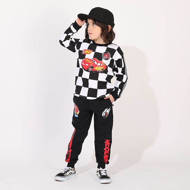 【ベビードール】カーズ ボックス柄ロンT 1265K / ベビーサイズ キッズ トップス 長袖 Tシャツ クルーネック カットソー 総柄 チェッカー柄 天竺素材 サーキット スポーティー
