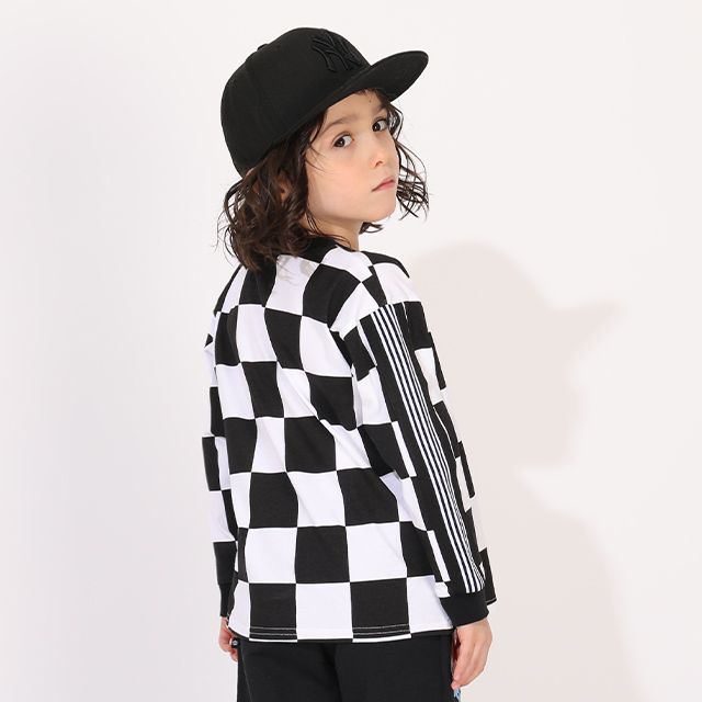 【ベビードール】カーズ ボックス柄ロンT 1265K / ベビーサイズ キッズ トップス 長袖 Tシャツ クルーネック カットソー 総柄 チェッカー柄 天竺素材 サーキット スポーティー