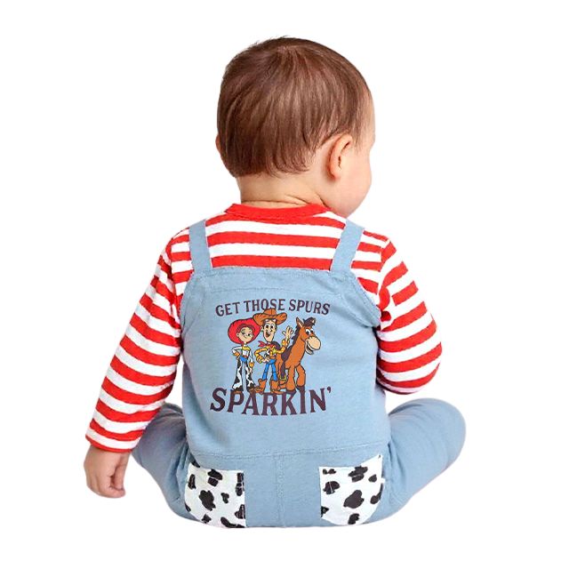 【ベビードール】トイストーリー サロペット風ロンパース 1272B / ベビーサイズ ベビー服 つなぎ ドッキングロンパース 長袖 ボディ肌着 赤ちゃん 出産祝い 贈り物 プレゼント ボーダー柄 ウッディ ジェシー ブルズアイ