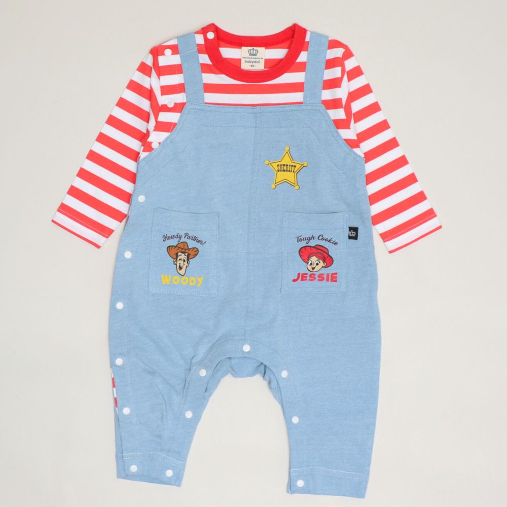 【ベビードール】トイストーリー サロペット風ロンパース 1272B / ベビーサイズ ベビー服 つなぎ ドッキングロンパース 長袖 ボディ肌着 赤ちゃん 出産祝い 贈り物 プレゼント ボーダー柄 ウッディ ジェシー ブルズアイ