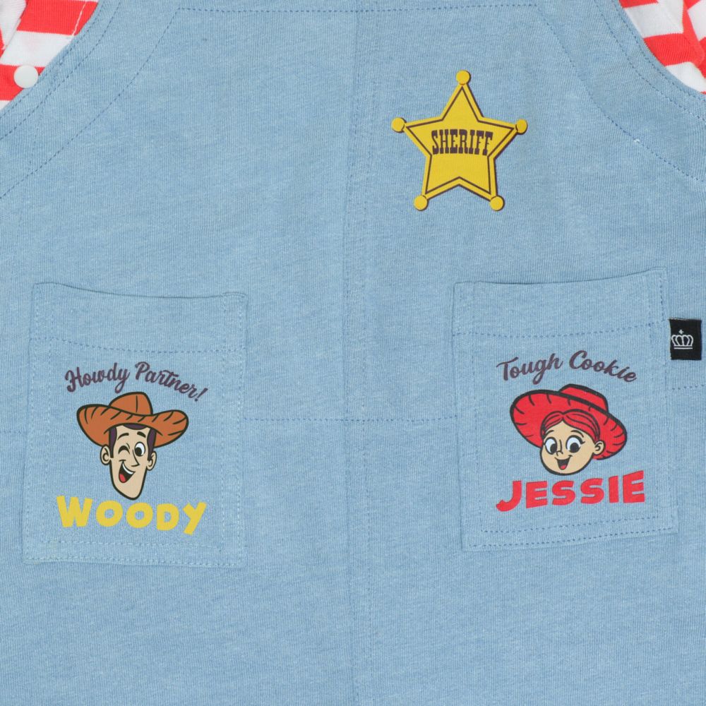 【ベビードール】トイストーリー サロペット風ロンパース 1272B / ベビーサイズ ベビー服 つなぎ ドッキングロンパース 長袖 ボディ肌着 赤ちゃん 出産祝い 贈り物 プレゼント ボーダー柄 ウッディ ジェシー ブルズアイ