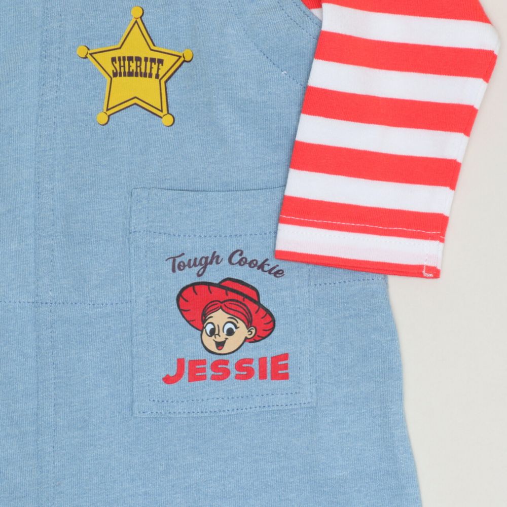 【ベビードール】トイストーリー サロペット風ロンパース 1272B / ベビーサイズ ベビー服 つなぎ ドッキングロンパース 長袖 ボディ肌着 赤ちゃん 出産祝い 贈り物 プレゼント ボーダー柄 ウッディ ジェシー ブルズアイ