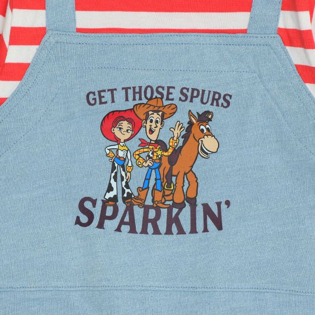 【ベビードール】トイストーリー サロペット風ロンパース 1272B / ベビーサイズ ベビー服 つなぎ ドッキングロンパース 長袖 ボディ肌着 赤ちゃん 出産祝い 贈り物 プレゼント ボーダー柄 ウッディ ジェシー ブルズアイ